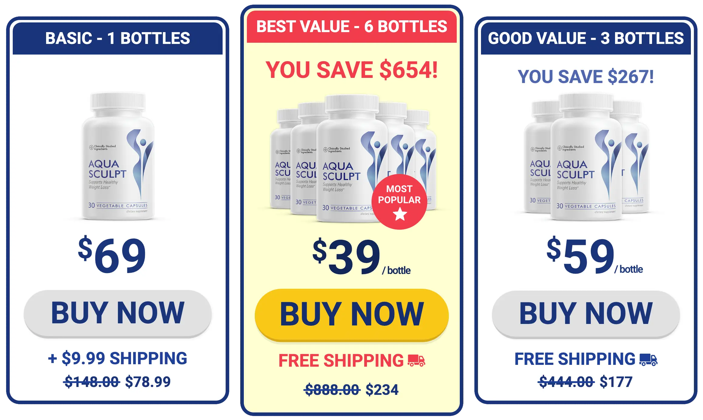 AquaSculpt 1 bottle, 3 bottles, and 6 bottles package options with free US shipping